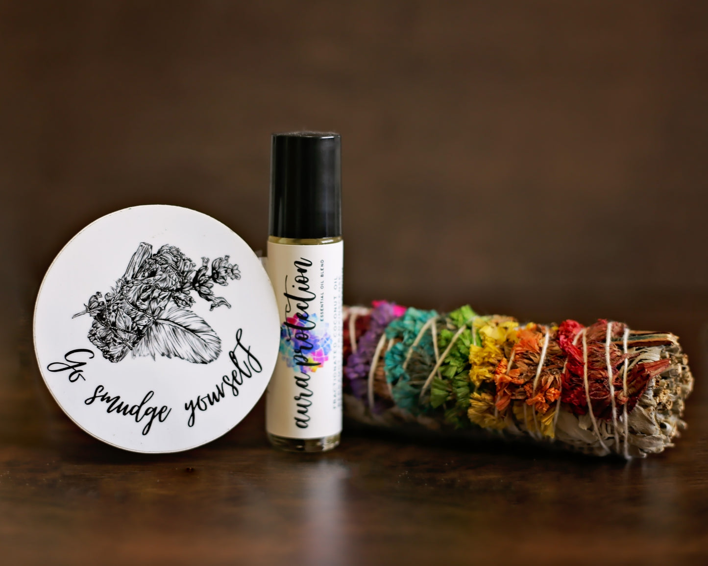 Aura Protection Essential Oil Blend Roller & Chakra White Sage Smudge Stick Bundle