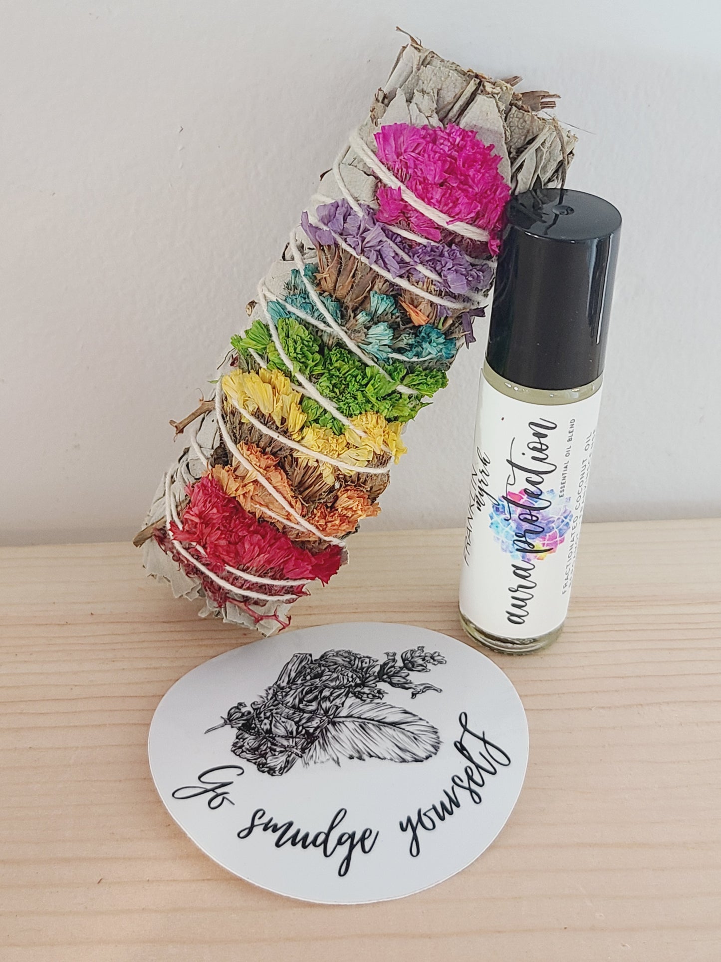 Aura Protection Essential Oil Blend Roller & Chakra White Sage Smudge Stick Bundle