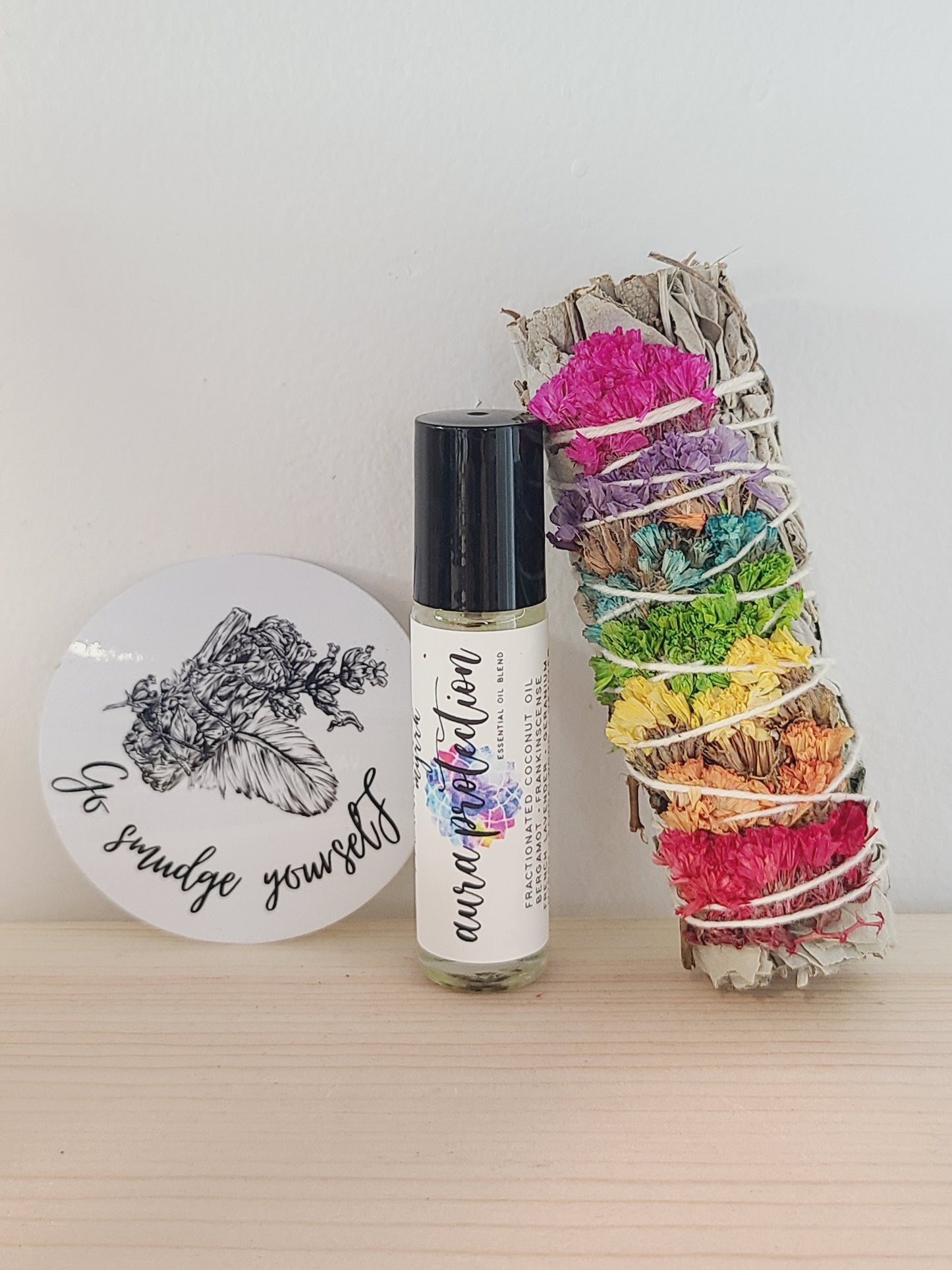 Aura Protection Essential Oil Blend Roller & Chakra White Sage Smudge Stick Bundle