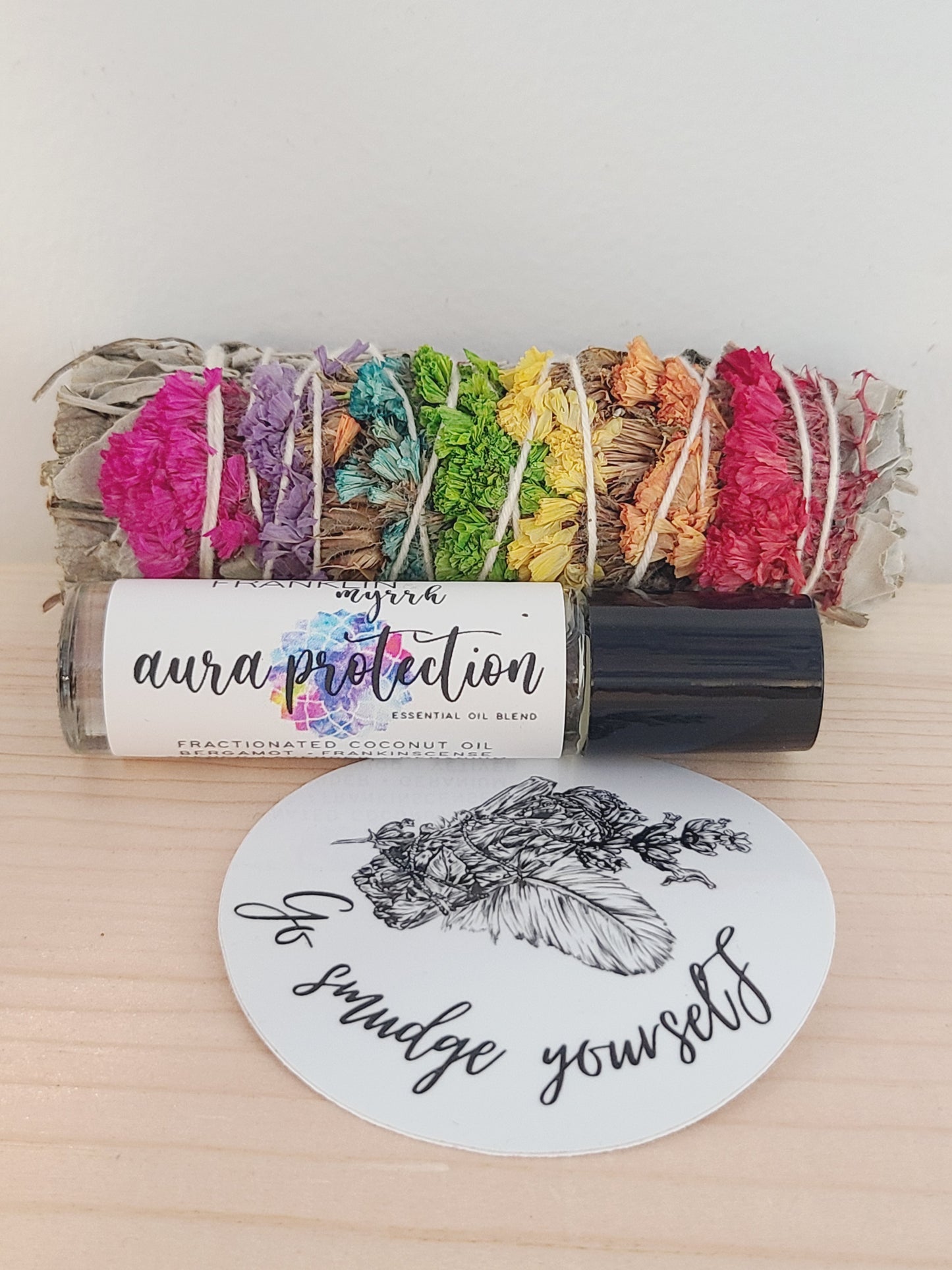 Aura Protection Essential Oil Blend Roller & Chakra White Sage Smudge Stick Bundle